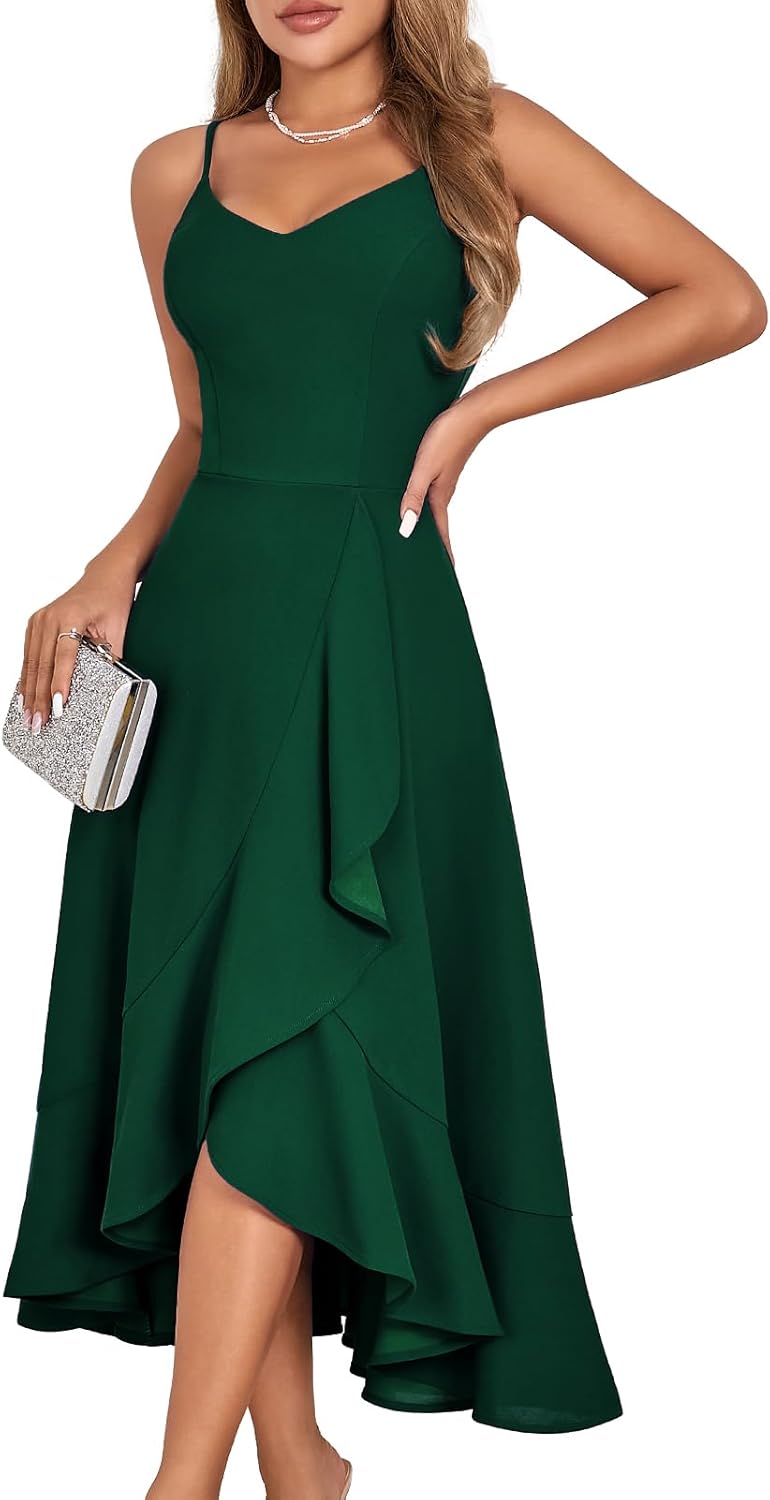 DRESSTELLS Women's Cocktail Party Dress, Formal Wedding Guest High Low Dress, Fit Flare Holiday Prom Dress Large Darkgreen