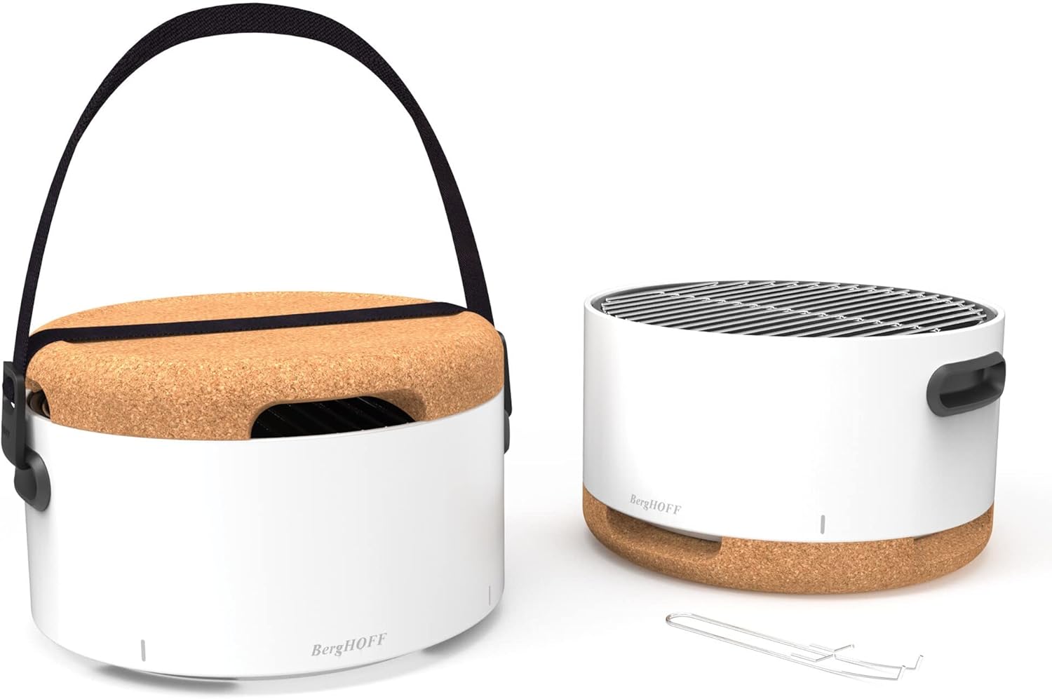 BergHOFF LEO Portable Tabletop BBQ Grill To-go grill with Heat Resistant Base Easy-carry strap & detachable handles, Removable elements, Adjustable airflow, 13.75", White