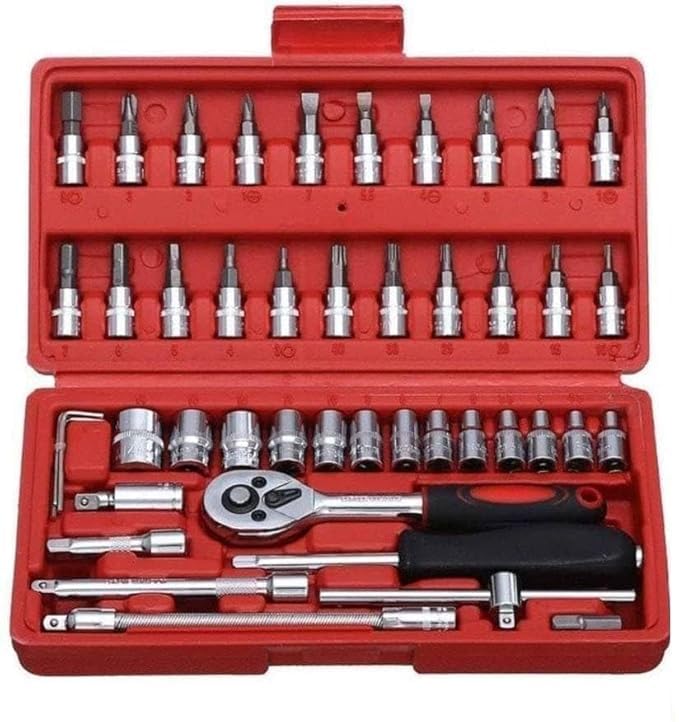 SRUY 46-Piece Socket and Screwdriver Set, Multipurpose Combination Tool Kit with Case, Precision Wrench Set for Bike and Car