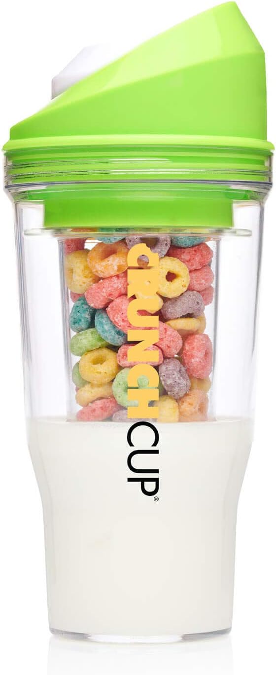 CRUNCHCUP XL Green - Portable Plastic Cereal Cups for Breakfast On the Go, To Go Cereal and Milk Container for your favorite Breakfast Cereals, No Spoon or Bowl Required
