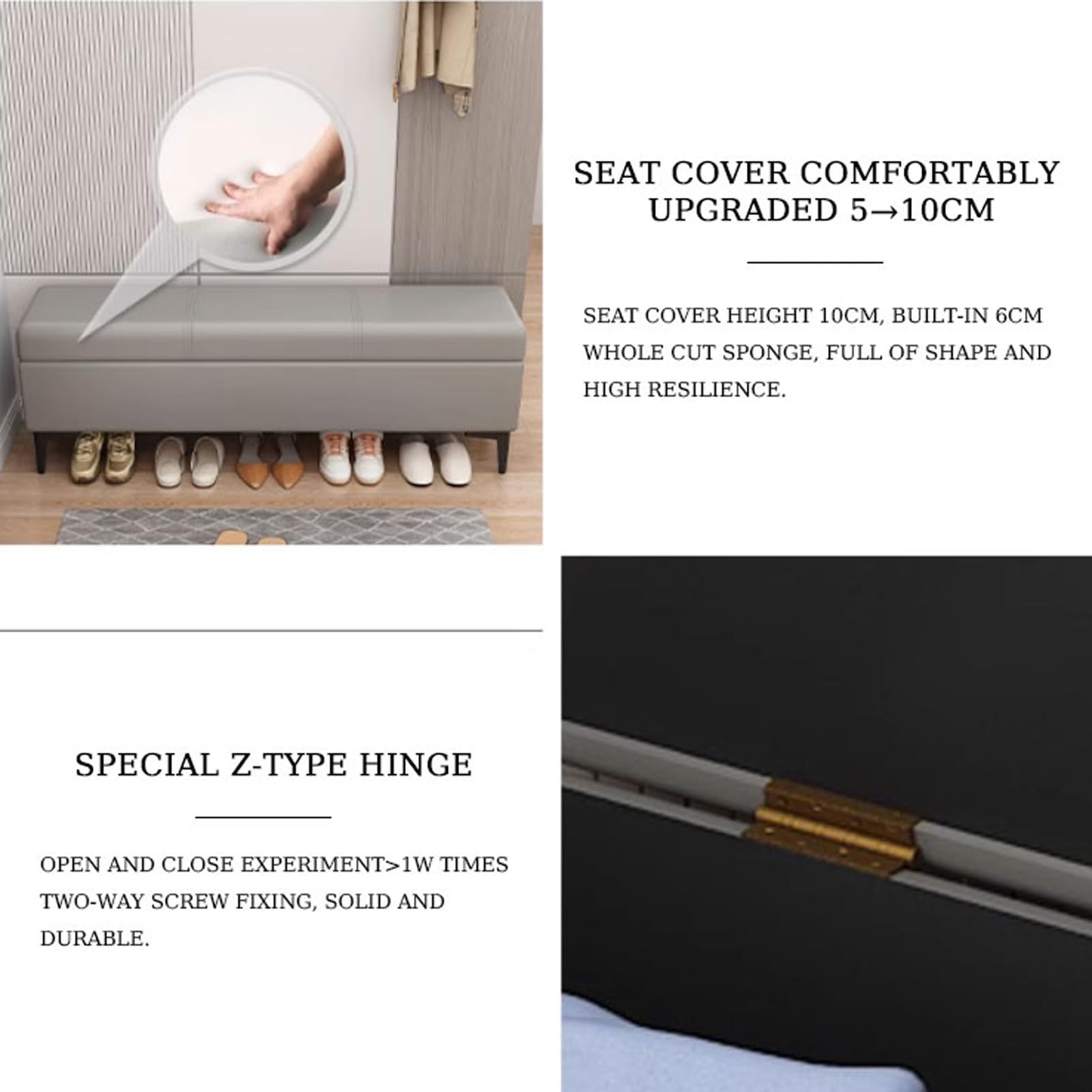 Banco de pasillo acolchado de piel sintética, elegante otomana de almacenamiento larga para sala de estar, dormitorio o vestíbulo, solución de asiento de extremo estrecho de la cama con almacenamiento