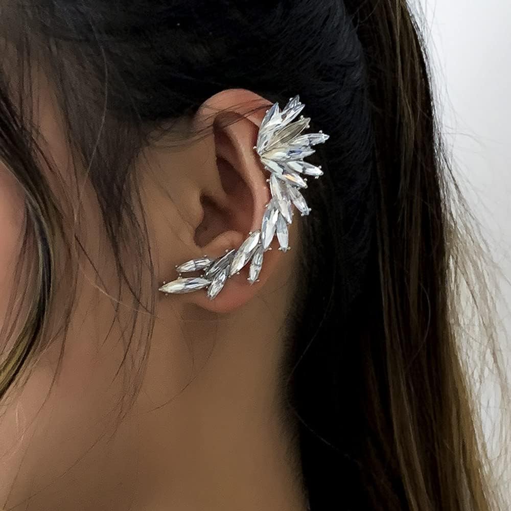 Missgrace 1 Pair Silver Rhinestones Ear Cuffs Fairy Earrings Dainty Wing Cuff Wrap Earrings Prom Holiday Halloween Ear Clip Earrings for Women