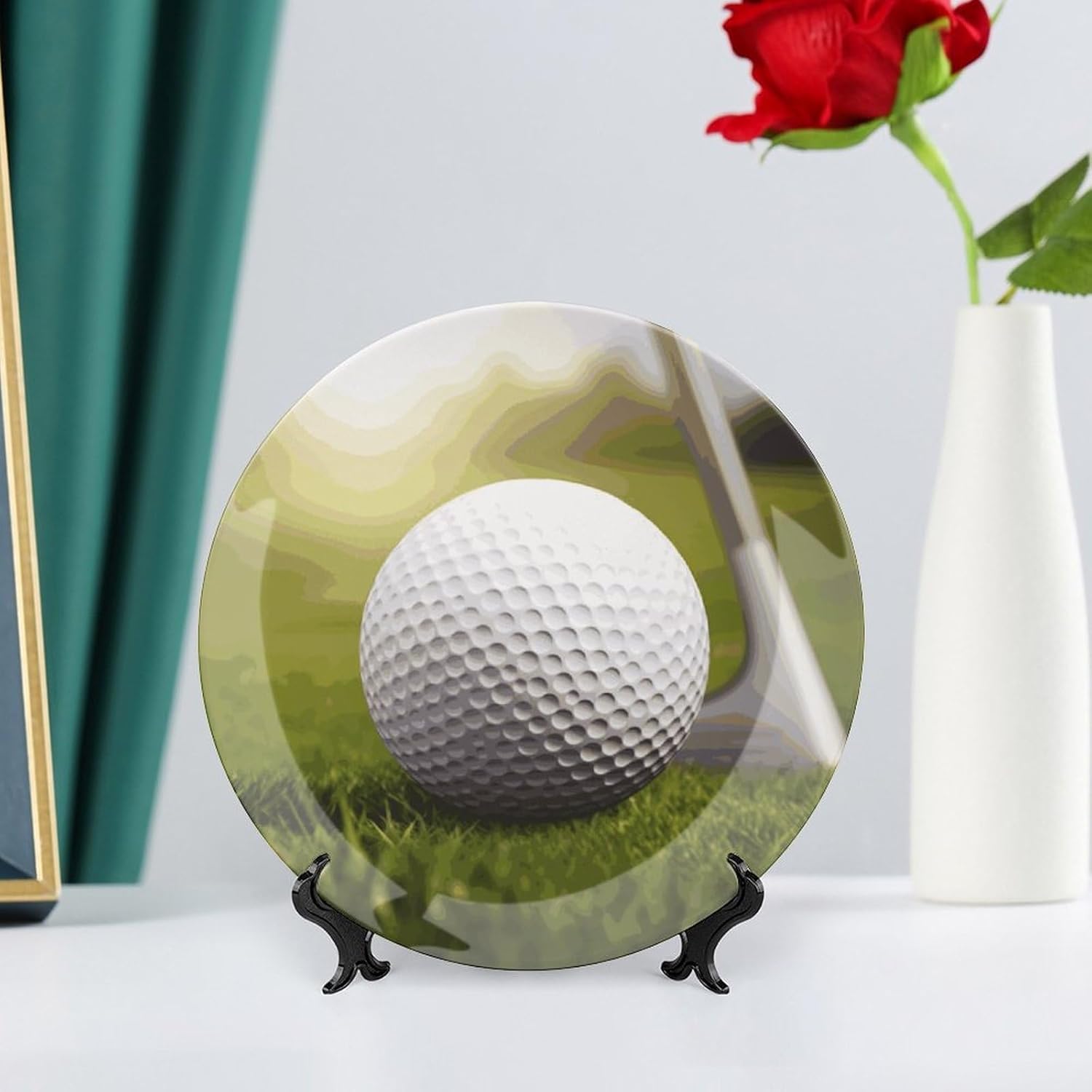 Sport Golf Ball Bone China Decorative Plate with Display Stand, Ceramic Ornaments Plate for Wall Hanging, Personalized Porcelain Plates for Office, Living Room 8inch