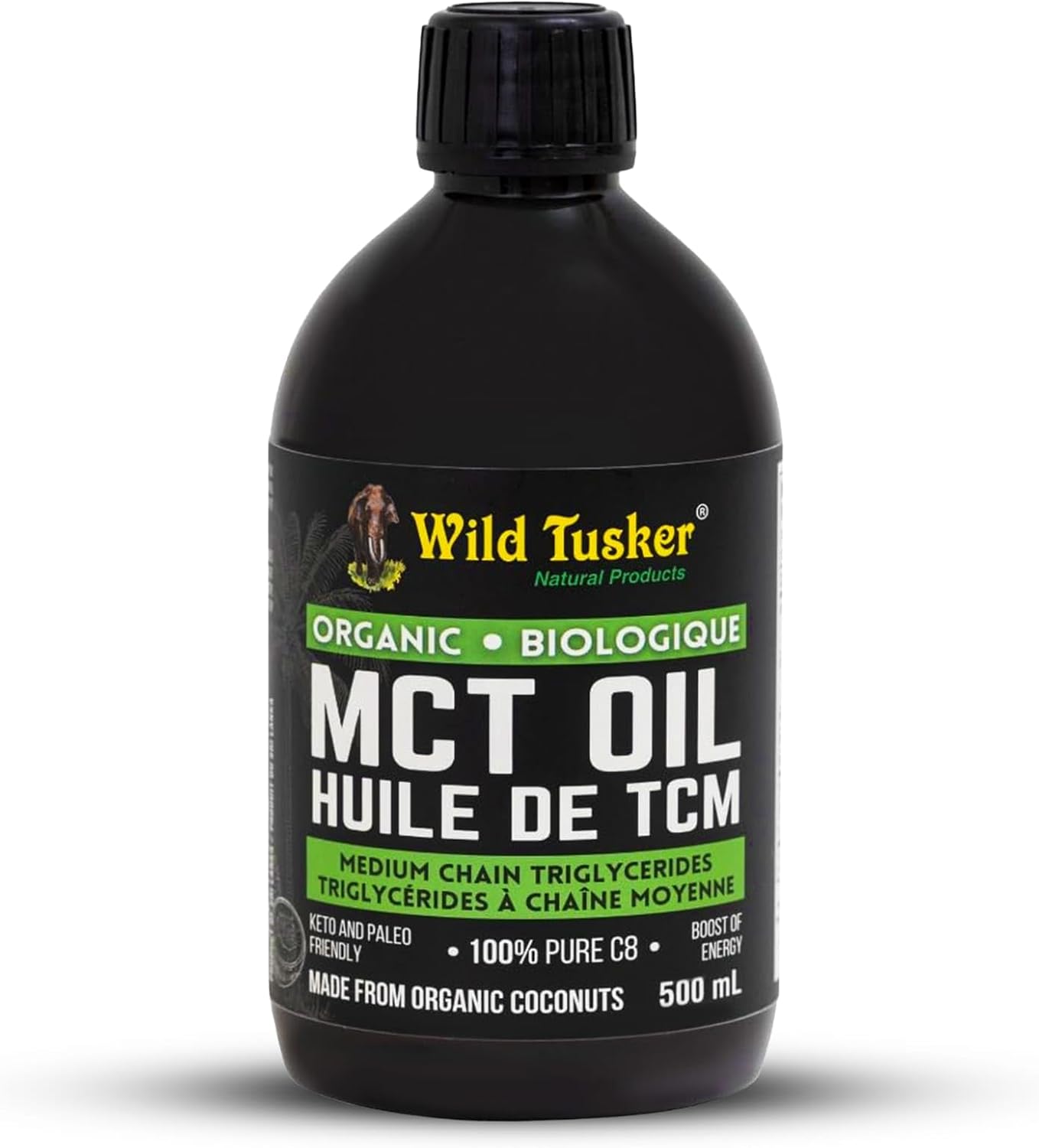 Product image of Wild Tusker Organic Premium MCT Oil (Fractionated Coconut Oil), 100% C8 Caprylic Acid, 500ml | Non-GMO, Cold pressed without chemicals | Keto Friendly, Kosher Checked, Vegetarian