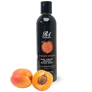 RA COSMETICS 100% African Liquid Black Soap with Honey Peach Liquid African Black Soap Body Wash with Shea Butter, Coconut Oil & Plantain Peel | Deep Cleansing for Sensitive & Acne-Prone Skin, 8 oz