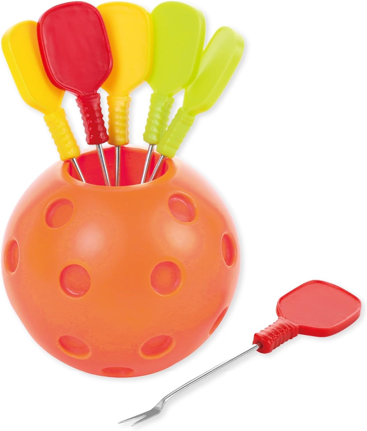 7 PCS Pickleball Paddles Cocktail Picks Set with Holder, Reusable Appetizer Forks for Cheese, Fruit, Snacks, Party or Bar Use, Polyresin Holder and 6 Pack Stainless Steel Picks