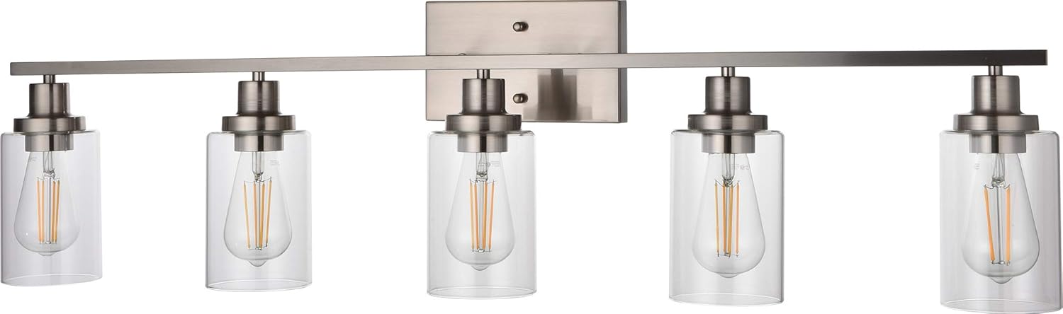 Get Special Price MELUCEE 5-Light Bathroom Vanity Light Brushed Nickel Wall Sconce Modern Light Fixtures Wall Mount with Clear Glass Shade for Porch Bedroom Hallway Kitchen