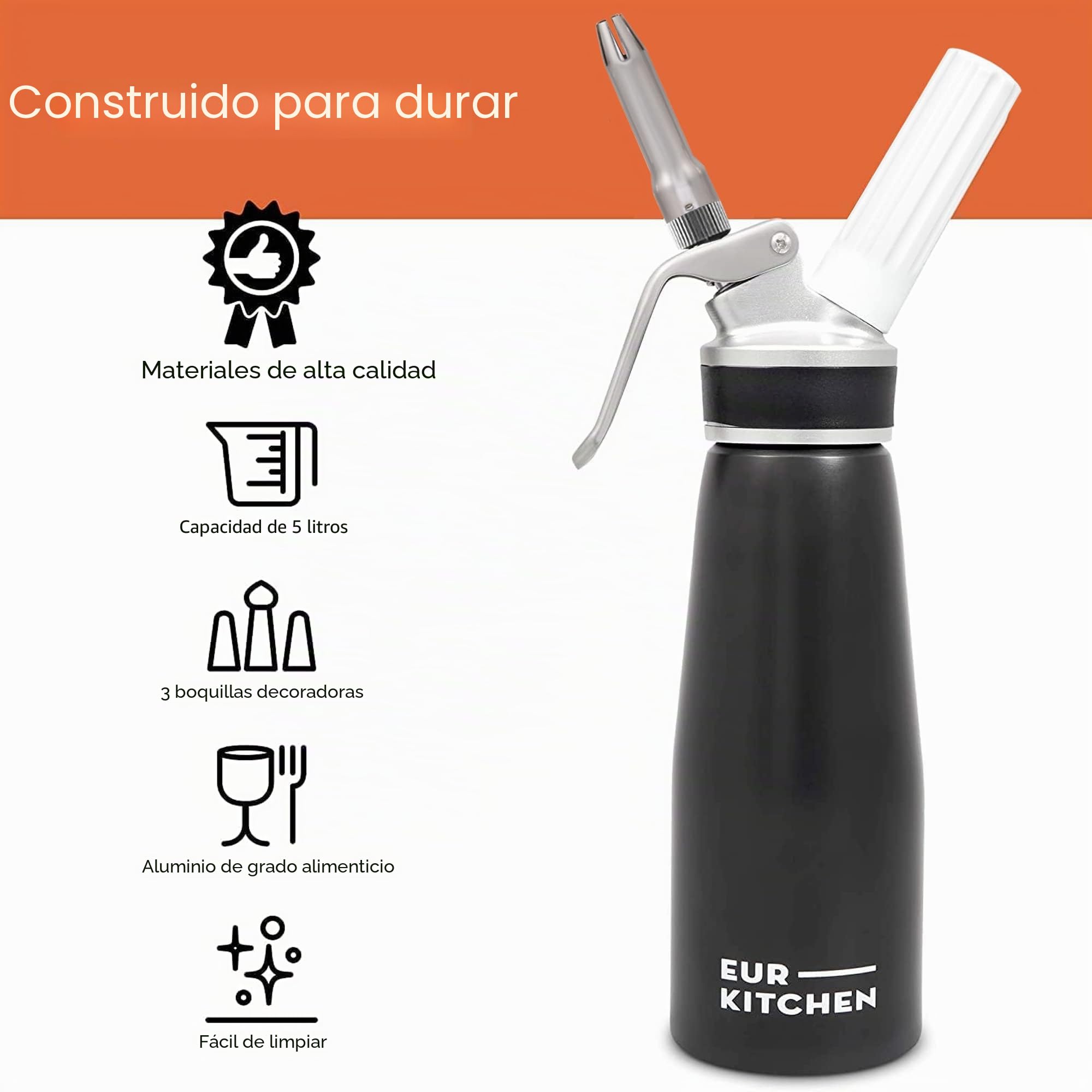 EurKitchen Dispensador de Nata Profesional en Aluminio - Sifón de Cocina Antigoteo con 3 Boquillas Decorativas y Cepillo de Limpieza – Sifón de Cocina Espumas de 500 ml – Cartucho Gas N2O No Incluido
