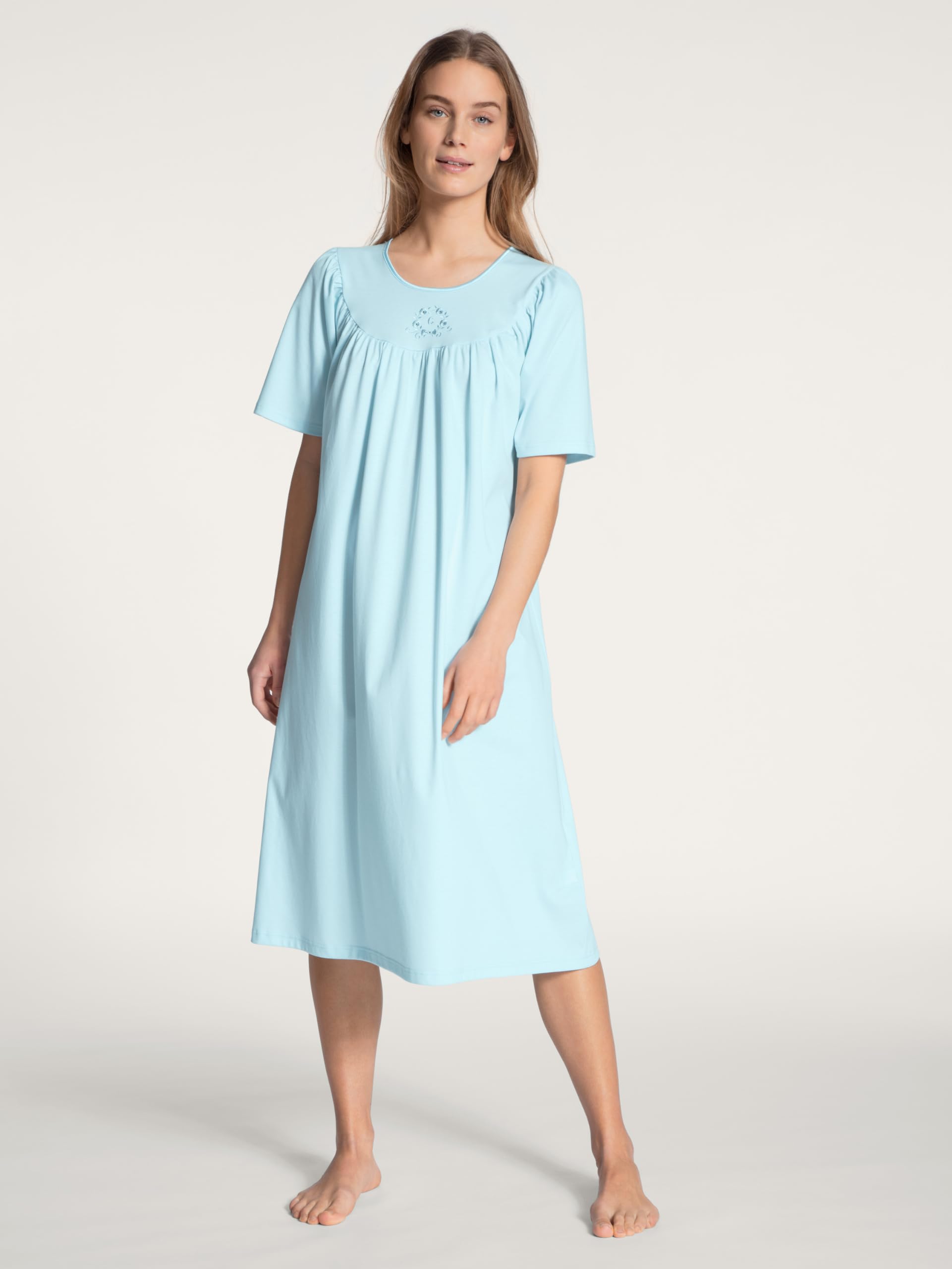 CALIDA Soft Cotton Kurzarm-Nachthemd Damen | 100% Baumwolle, mit sanft glänzender Satin-Paspelierung, Länge 110cm