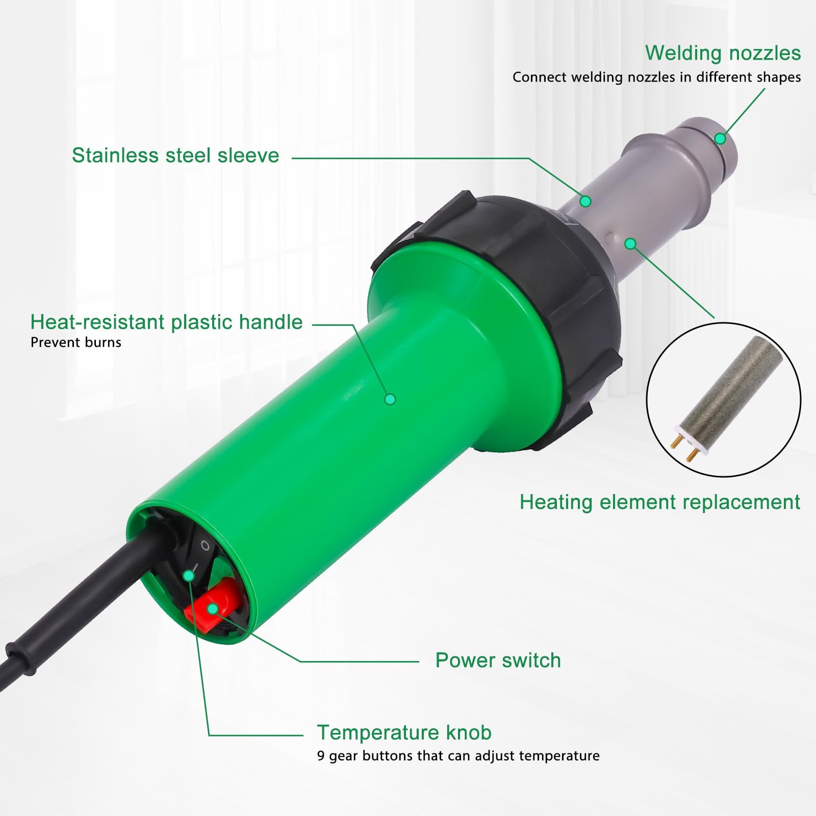 Gekufa Kit de soldador de plástico de 1600 W, pistola de soldadura de aire caliente de 100 V con temperatura ajustable y múltiples boquillas para PVC, TPO, suelos de vinilo, reparación de techos y