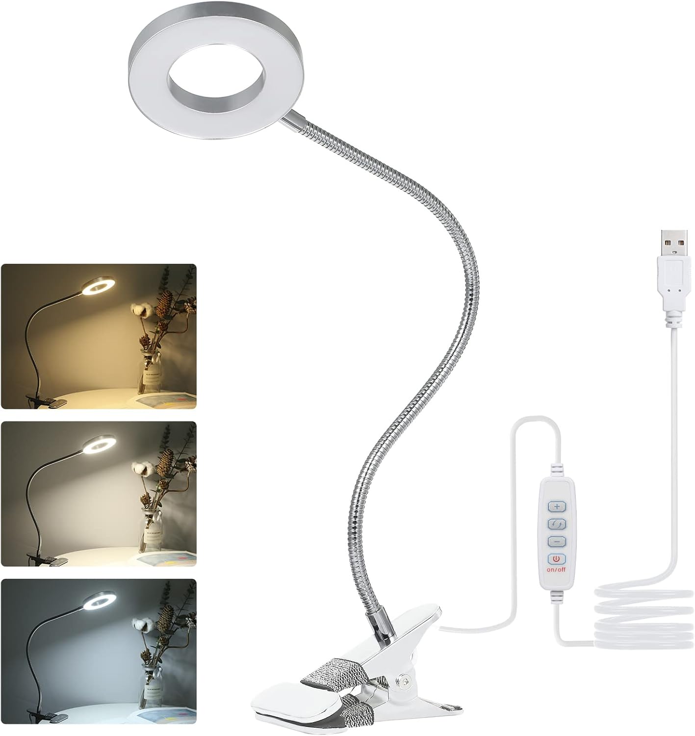 Tomshine Book Light, Metal Clip on Light with 3 Colors, 10-Level Brightness Reading Lamp with Clip for Desk, Bed (Silver)