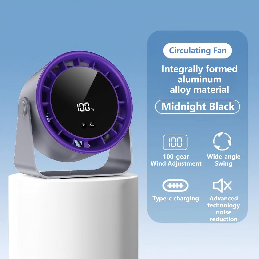 Ventilatore da tavolo da parete, ultra silenzioso, 35 dB, con display digitale, ventola ricaricabile USB a 100 velocità, inclinazione di 105° e autonomia di 10 ore, raffreddamento portatile
