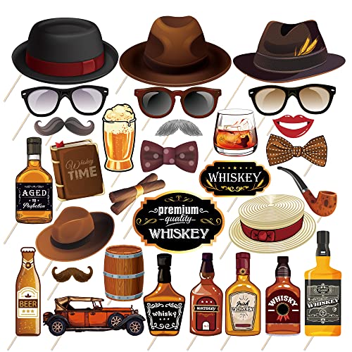 Qpout 30Pcs Whiskey Party Photo Booth Props With Sticks, Oktoberfest Photo Booth Props, Men Women Holiday Whiskey Beer Bar Themed Birthday Party Gathering Photo Props #TOP1