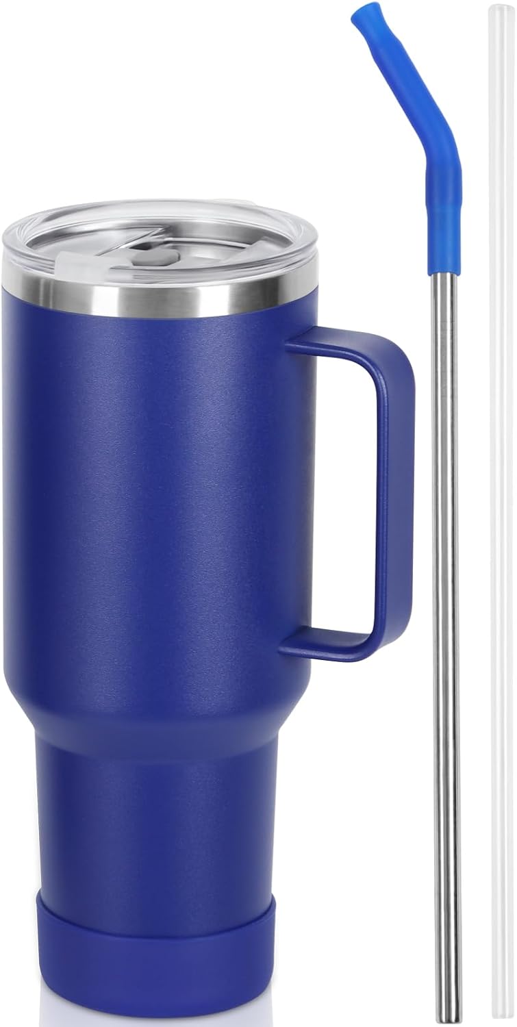 Temolulu 40 Oz Tumbler with Handle and Straw, Stainless Steel Double Wall Vacuum Insulated Cup, 40 OZ Travel Coffee Mug Bulk with Silicone Water Bottle Boot(Blue)