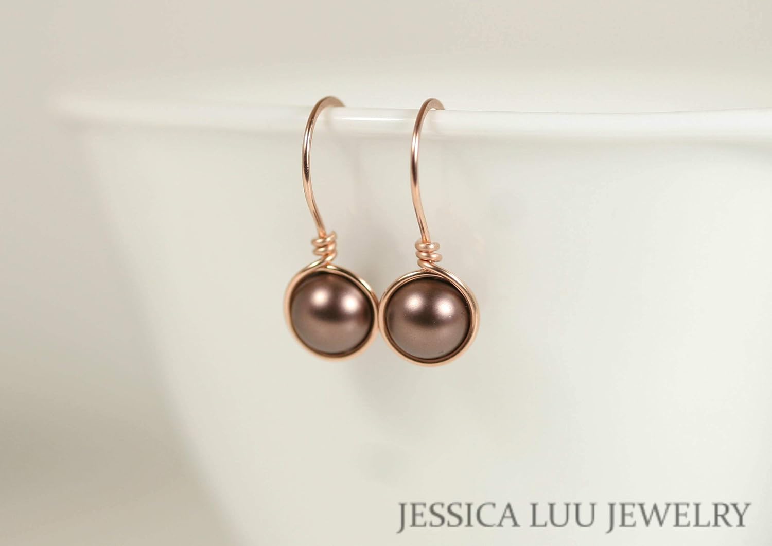 Jessica Luu Jewelry Rose Gold Velvet Brown Pearl Earrings Handmade