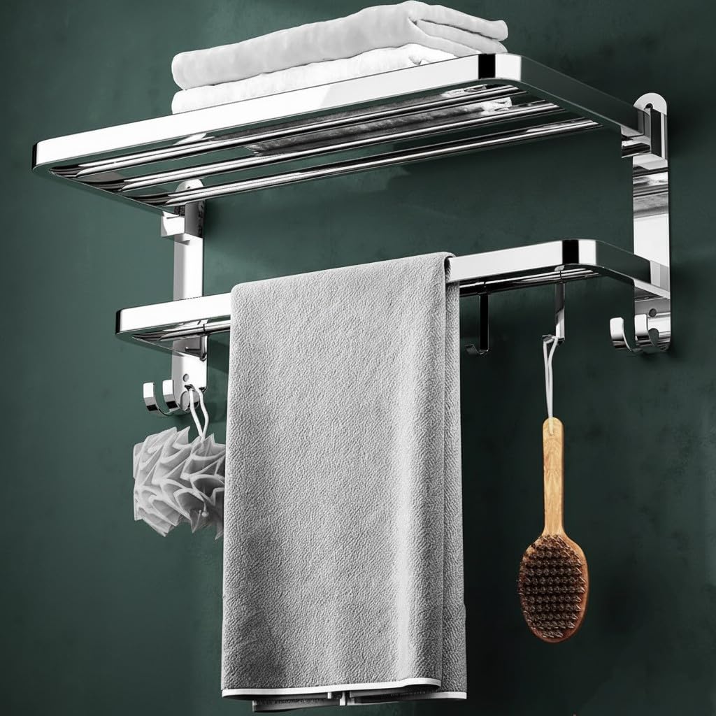 24 Inches Stainless Steel Dual Folding Towel Rack | Shelf | Holder | Bathroom Towel Hanger Stand Bathroom Accessories (Chrome Finish)