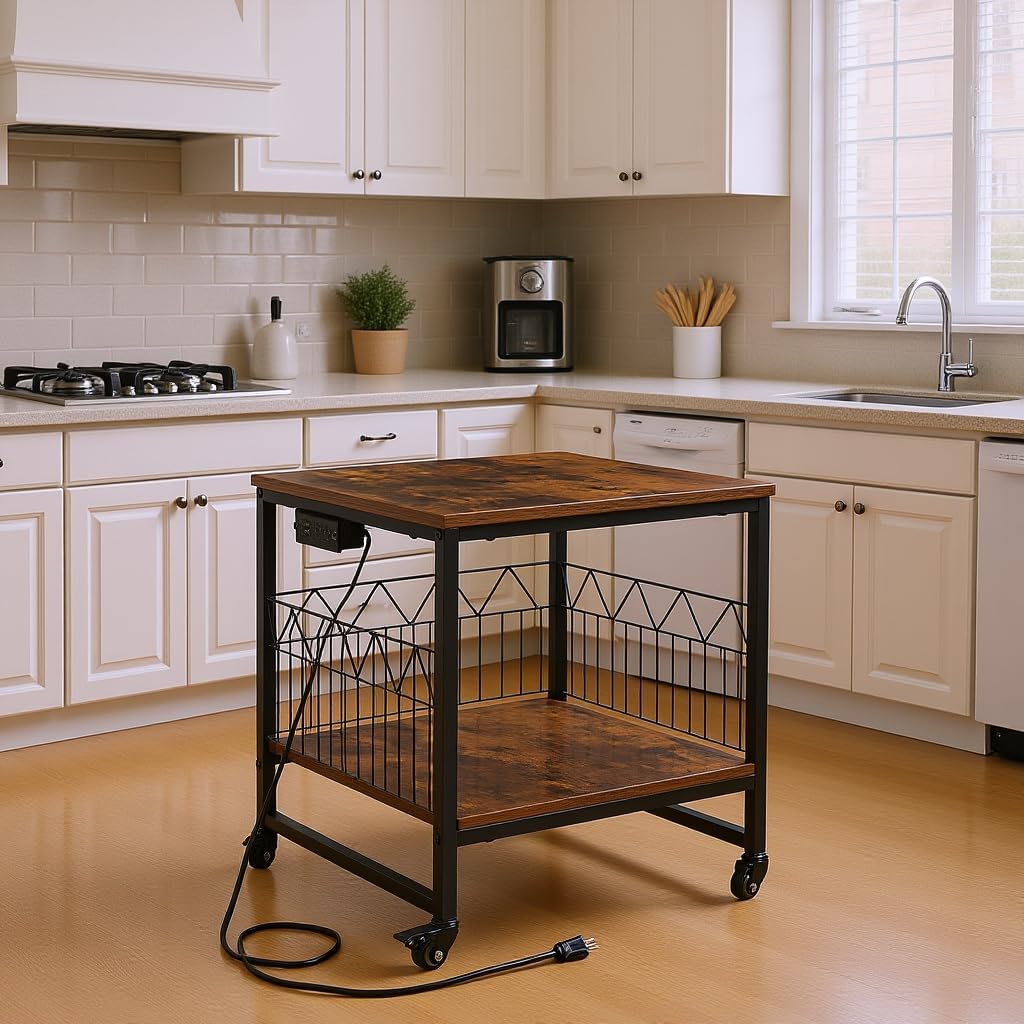 Mini Fridge Stand Heavy-Duty Metal Frame | Built-in 1 USB + 1 Type-C + 2 AC Outlets Rolling Fridge Cart for Dorm, Office, Bedroom | Adjustable Feet & Movable Drawer 19.7" W/D x 22.7" H