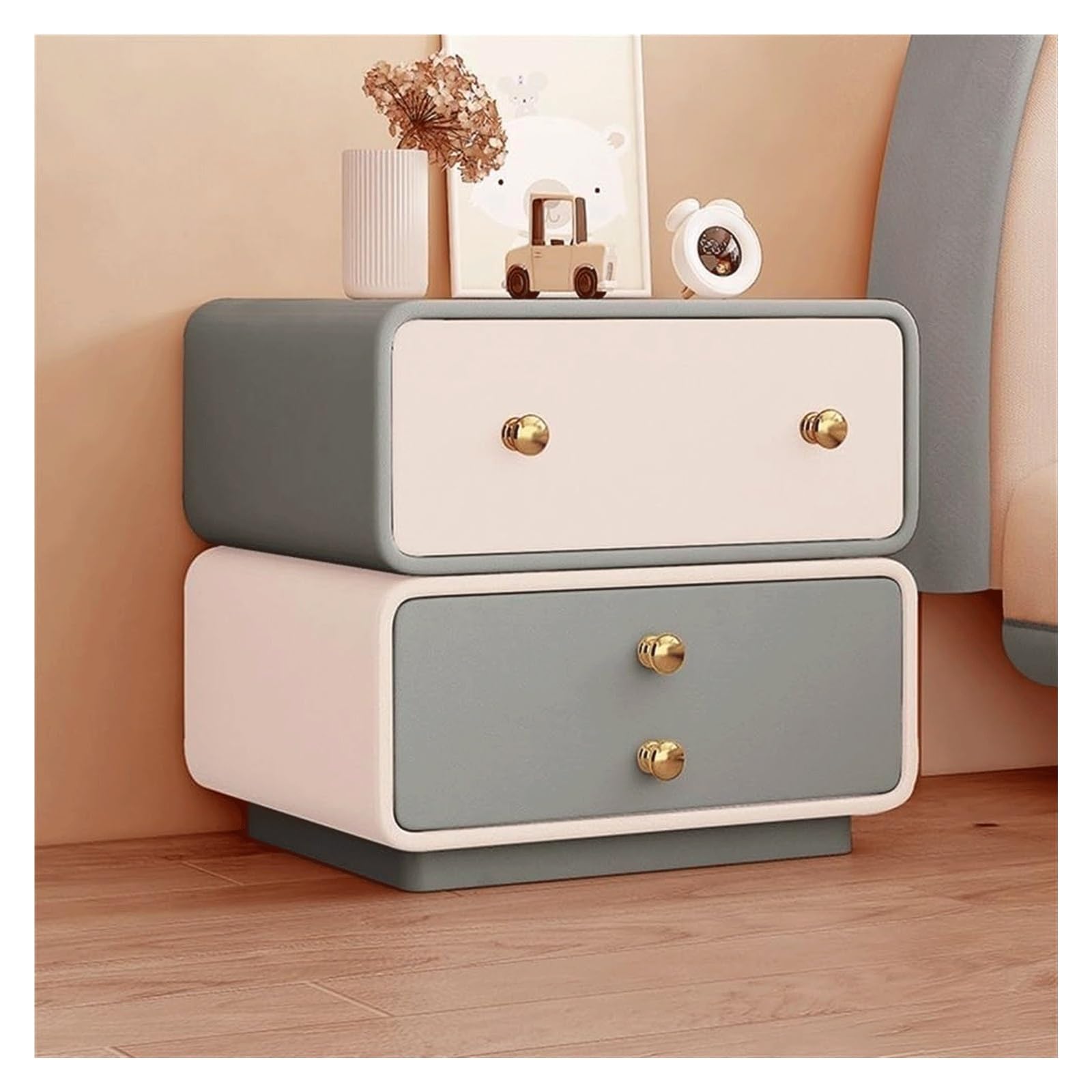 SXZenSpace Modern Bedside Table Microfiber Leather NightStand with 2 Wooden Storage Drawers Minimalist Spacious Side Luxury Cabinet(Grey,45cm)