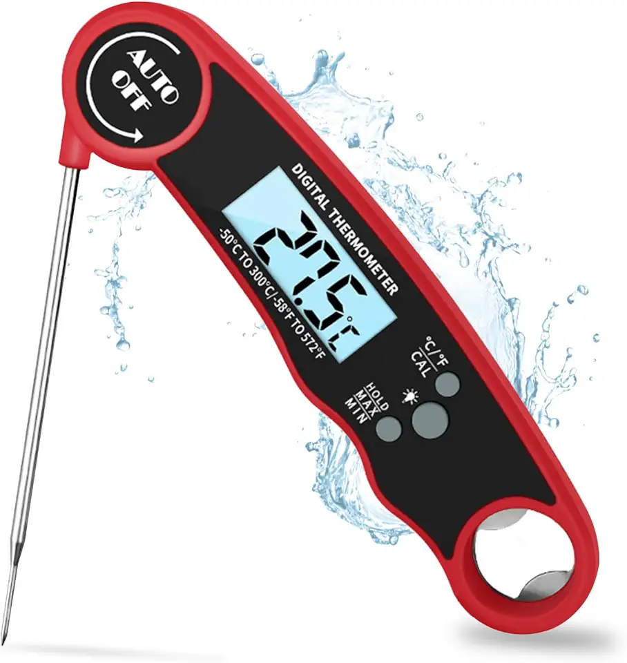 Termômetro de Carne Termômetro de Cozinha Digital de Leitura Instantânea para BBQ, Luz de Fundo LED, Desligamento Automático, Sonda Dobrável de 11CM 180°Abridor de Garrafas Embutido & Ímã de Geladeira