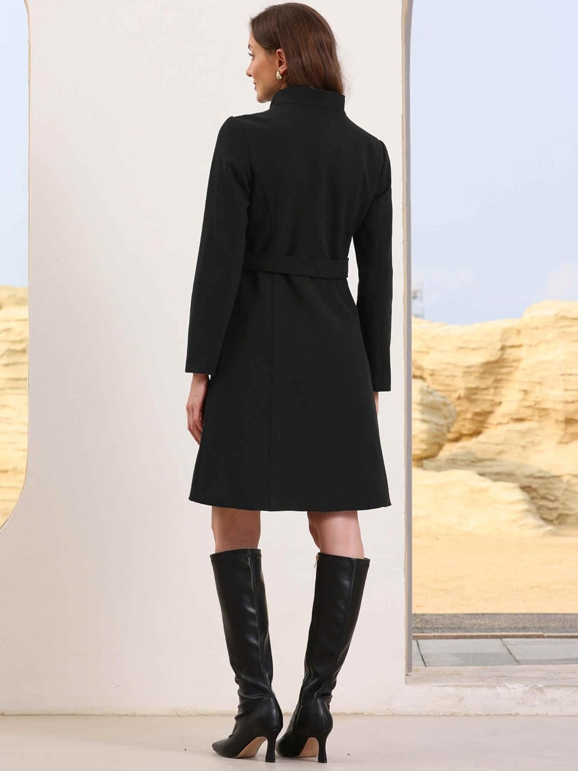 Allegra K Pea Coats for Women Long Winter Stand Collar Belted Single Breasted Trench Coat 2025 - Image 2