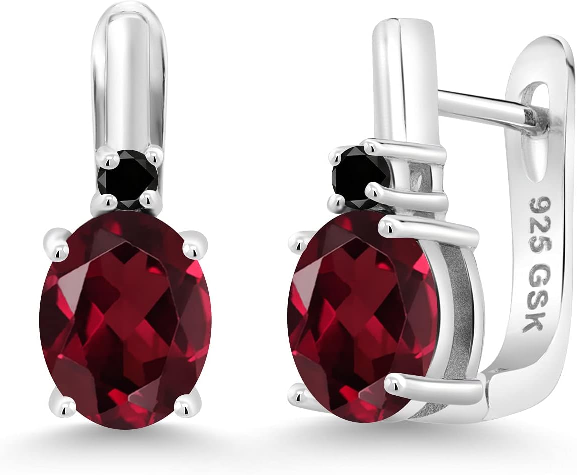 Gem Stone King 925 Sterling Silver Red Rhodolite Garnet and Black Diamond Earrings For Women (4.53 Cttw, Gemstone January Birthstone, Oval 9X7MM)