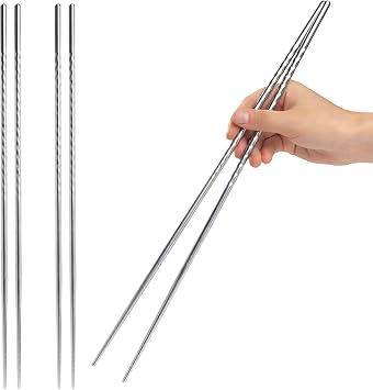 EORTA 3 Pairs Cooking Chopsticks 15.2 Inch Extra Long Stainless Steel Chop Sticks with Non-slip Threaded for Hot Pot, Cooking, Frying, Noodle, Dishwasher Safe, Silvery