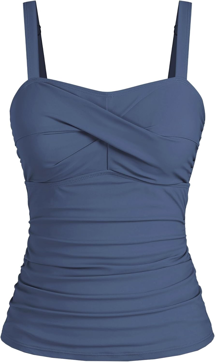 ZAFUL Tummy Control Tankini Tops for Women Slim Fit Wireless Twist Front Ruched Swim Top Only No Bottom