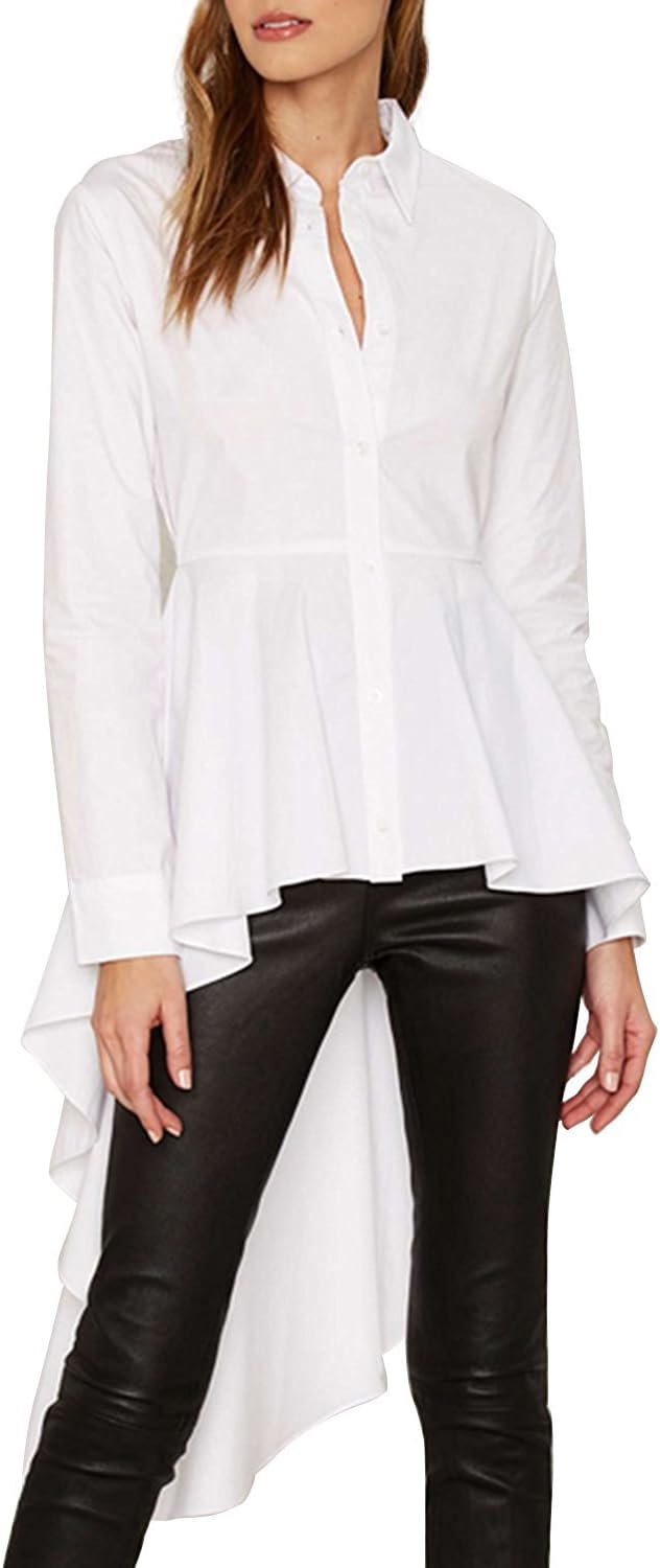 Women's Swallow Tailed High Low Ruffle Blouse Shirt.