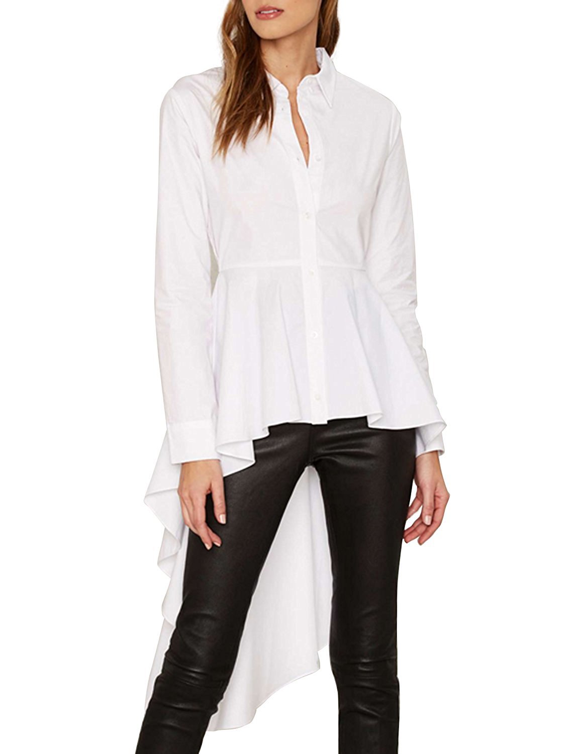 Women's Swallow Tailed High Low Ruffle Blouse Shirt.