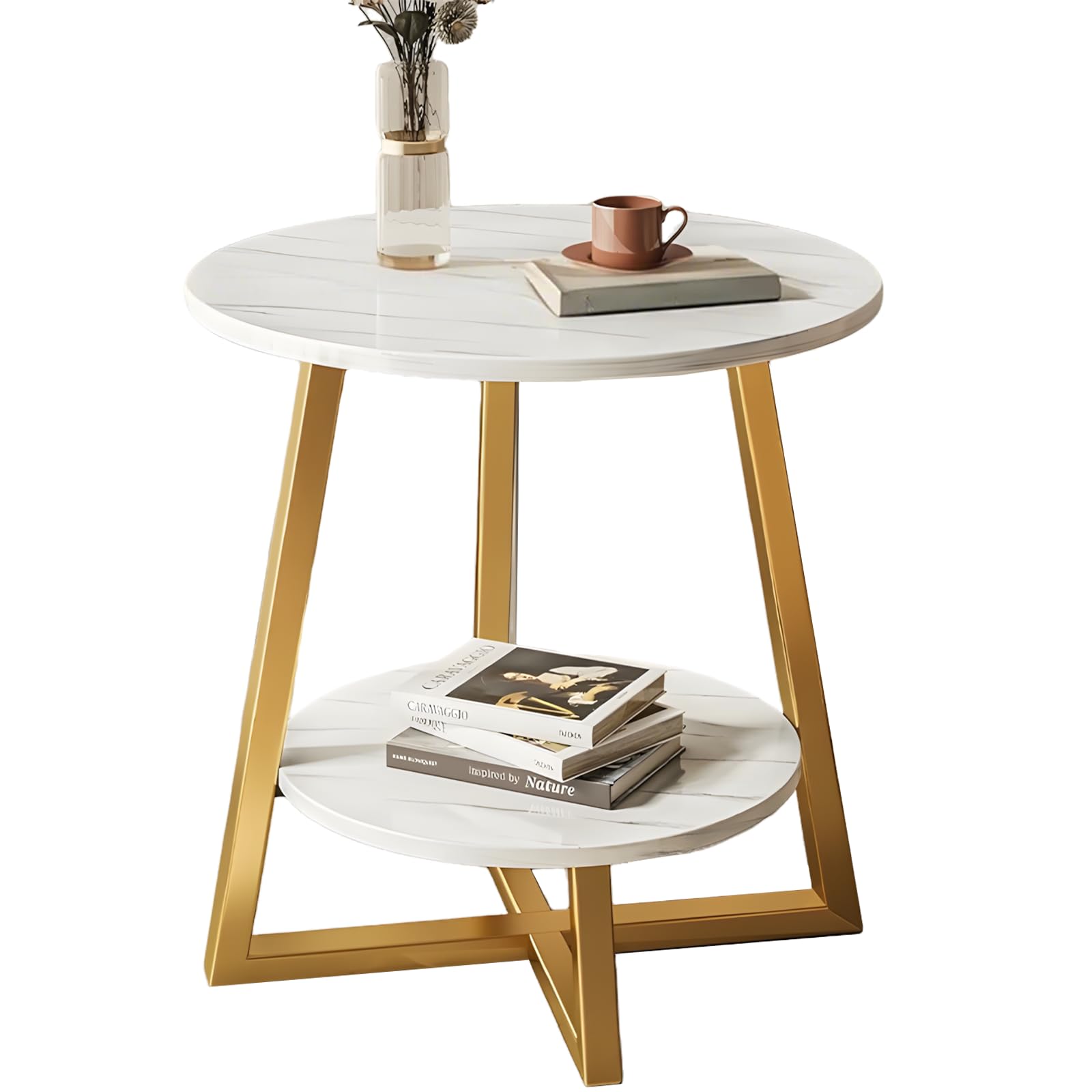 Mesa de Centro Redonda Nido,Mesas Auxiliares de Sofá con Acento Moderno, con Marco de Metal Cruzado y Tablero de Densidad para Sala de Estar, Dormitorio, Ofici (Marco Blanco y Dorado)