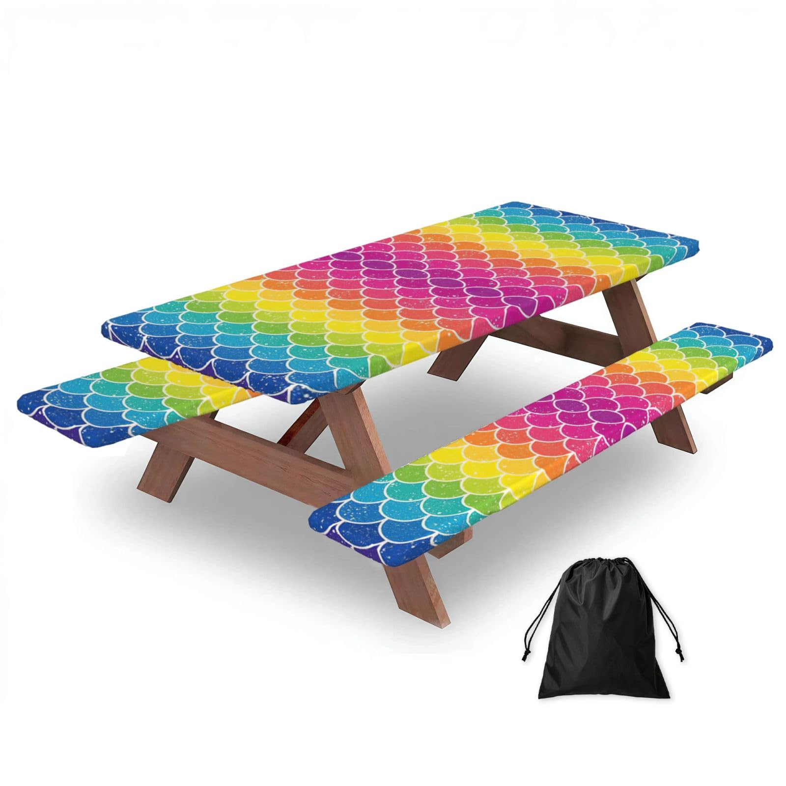 Zyjhyy Black Rainbow Fish Scale Print Party Table Covers With Bench Covers Set Of 3 Picnic Table Cloth Wipe Clean For Garden Camping