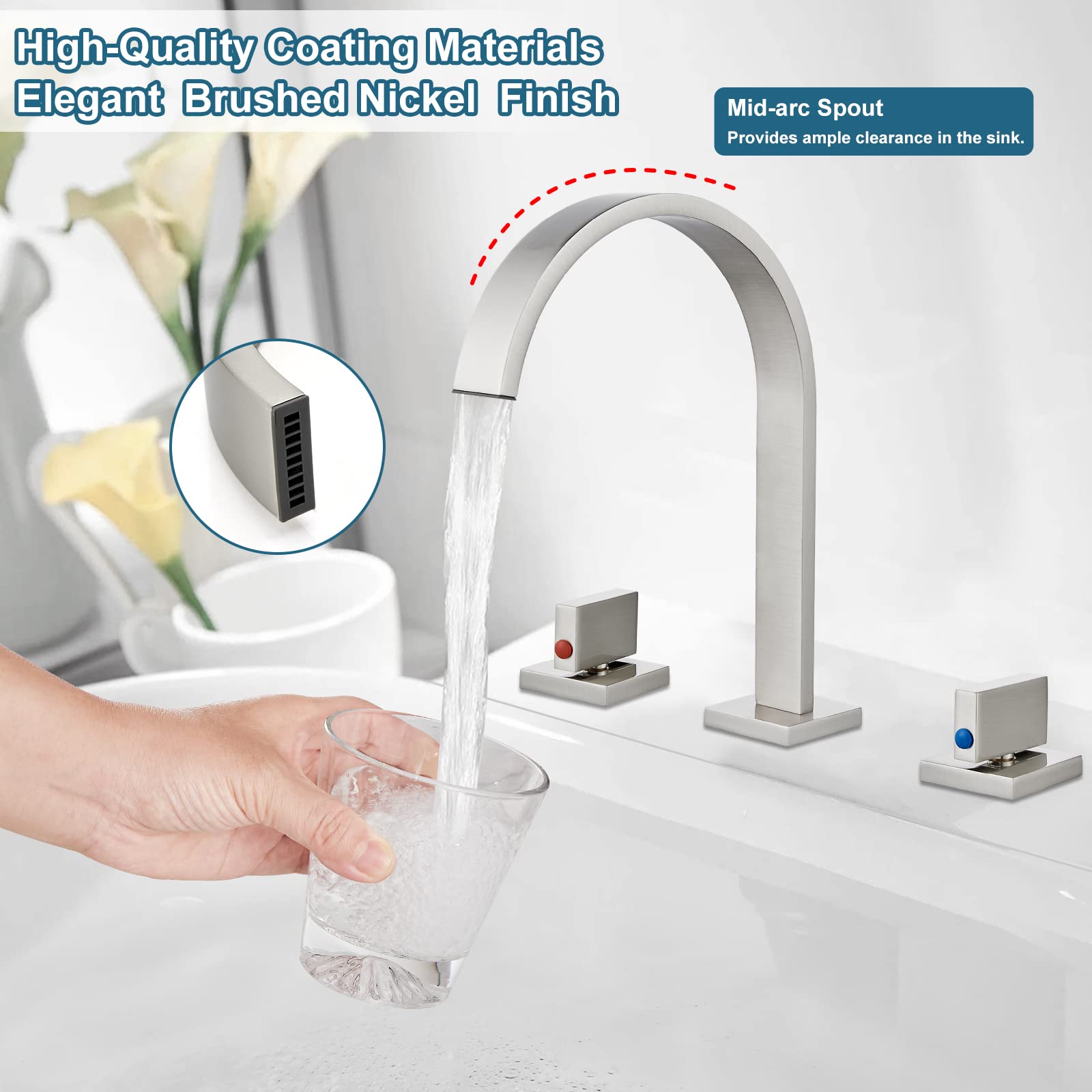 Mekoly Badezimmer-Wasserhahn Mit Ausziehbarem Sprühkopf – 20,3 Cm Breit, 3-Loch, Gebürstetes Nickel