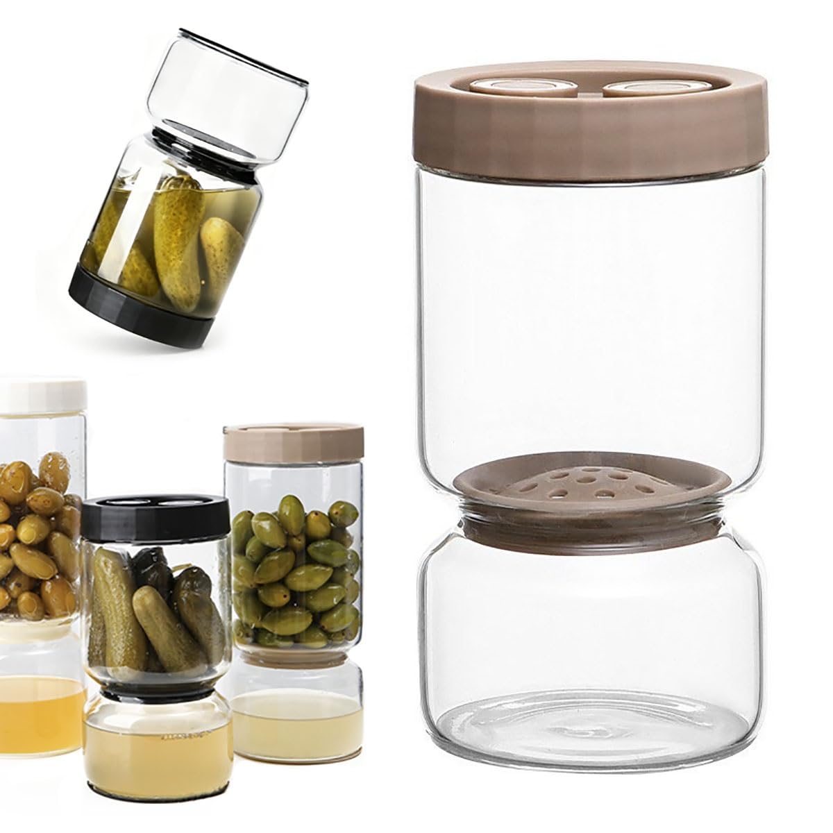 IRCKONCI Pickles Flip Pickle Hourglass Jar, Pickle Container With Double Leak Proof, Olives Liquid Separator Jar, for Pickles, Tomatoes, Onions And Artichokes(Brown)