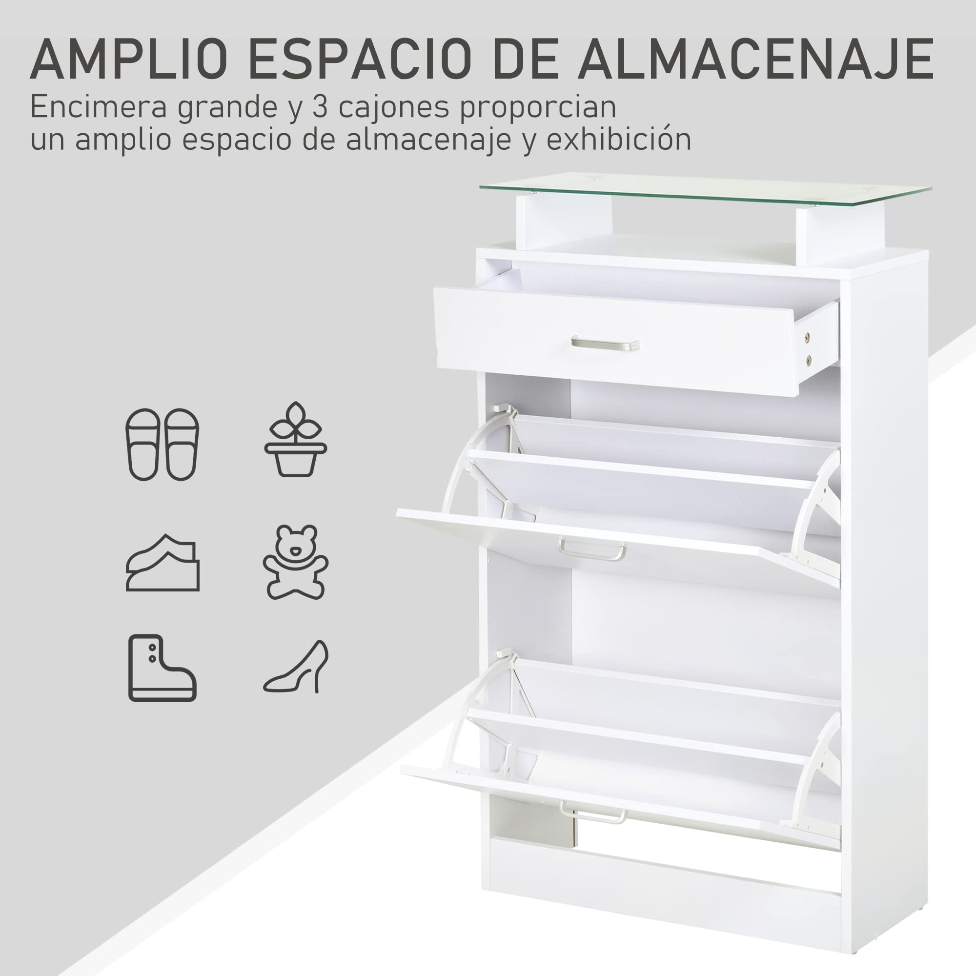 HOMCOM Mueble Zapatero Armario Zapatero con 3 Cajones Estante de Vidrio y Asa de Aluminio para Pasillo Entrada Carga 50 kg 60x24x105,5 cm Blanco