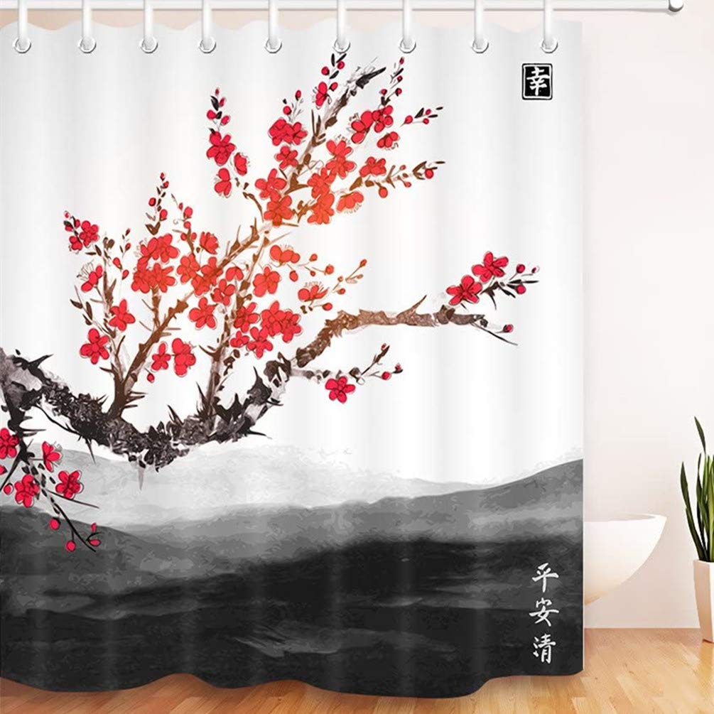 Black and White Shower Curtain for Bathroom Japanese Mountain Red Flower Shower Curtains Mould Proof Resistant Waterproof Washable Fabric with Rings, 71x71 inch