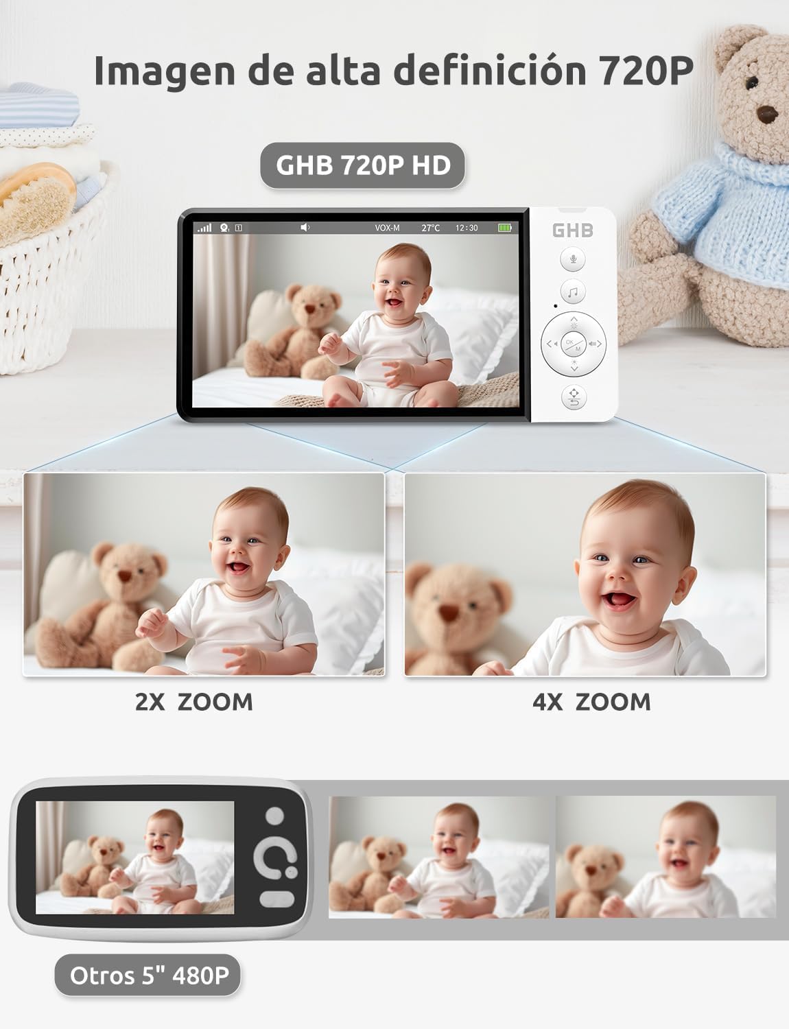 GHB Cámara de vigilancia para bebés de 5" con rotación de 350°, cámara de vigilancia para bebés con visión nocturna 720P, 2,4 GHz sin Wi-Fi, VOX, sensor de temperatura, comunicación bidireccional, 8
