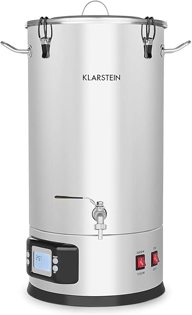 Klarstein Mash-Proof Boiler - Mash Kettle, Beer Brewing Plant, 2 Stages: 1500/3000 W, 5-Piece Set, Filter Bucket, Cooling Coil, LCD Display, Drain, Silver, 30 litres
