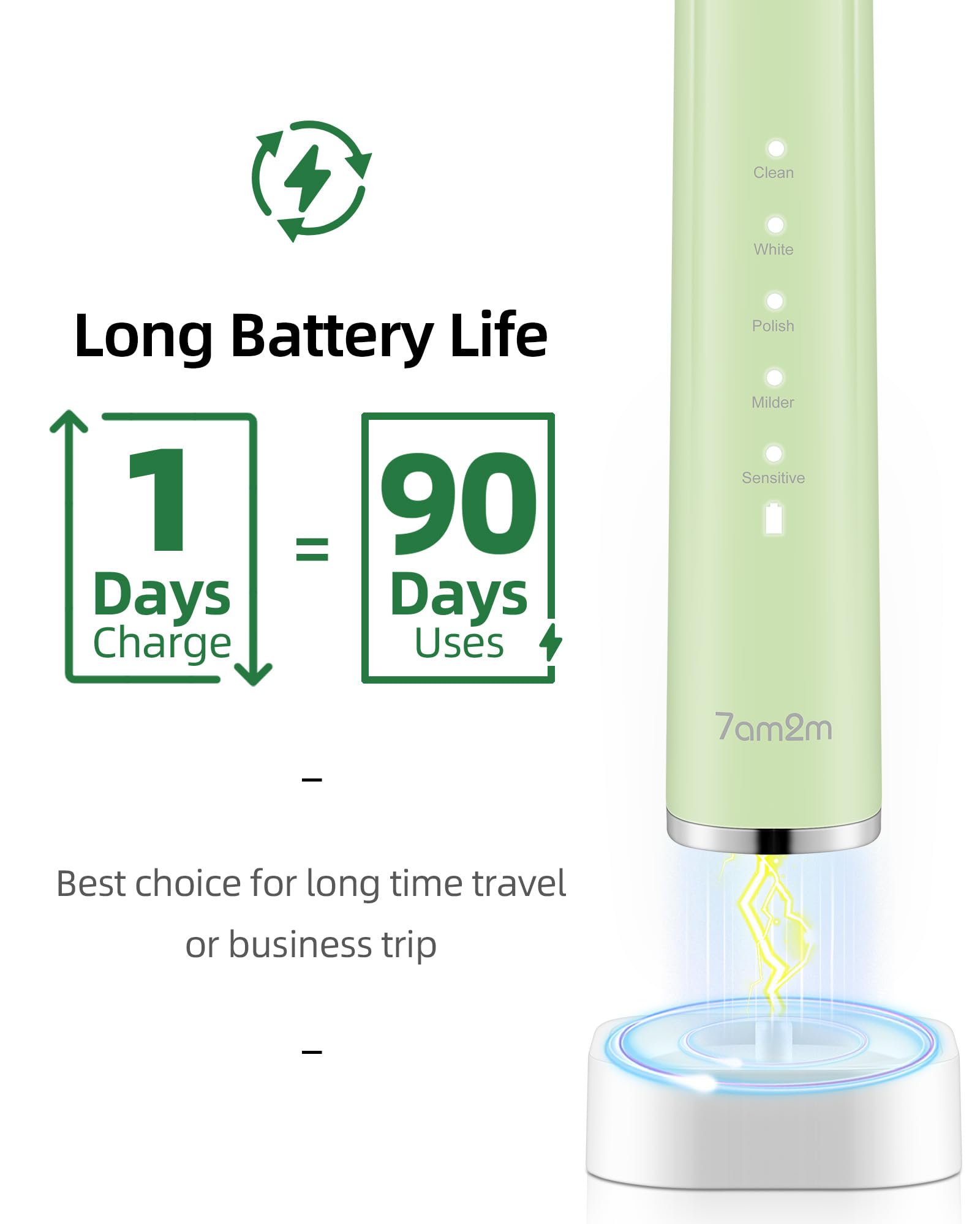 7AM2M Cepillo de dientes eléctrico Sonic con 6 cabezales de cepillo para adultos y niños, una carga durante 90 días, carga rápida inalámbrica, 5 modos con temporizador inteligente integrado de 2