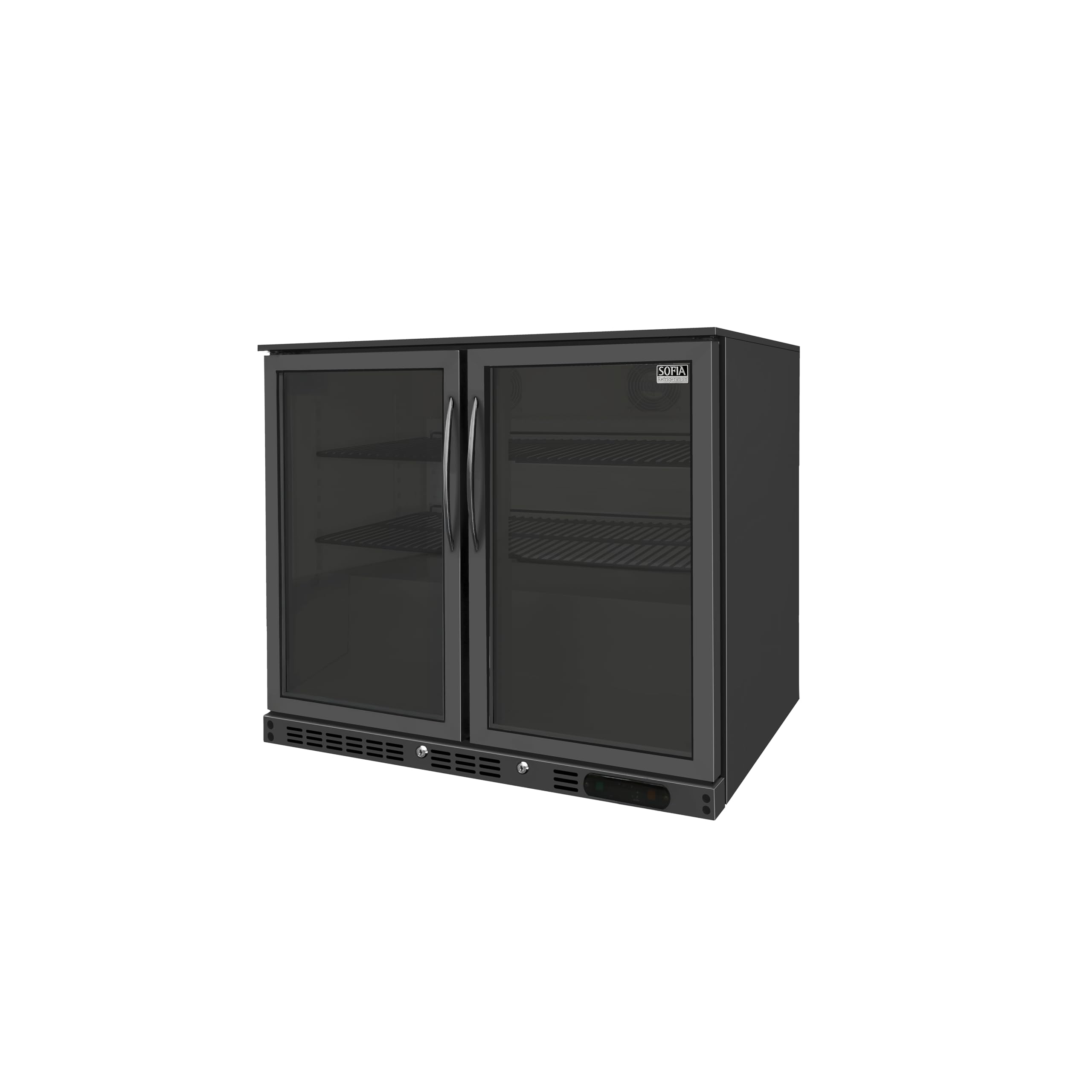 Under Counter Two (2) Doors Commercial Bottle Cooler, Low Noise Beverage Cooler, Black Stainless Steel, Small Refrigerator 220 Litres Net Capacity (Black), 1 Year Warranty