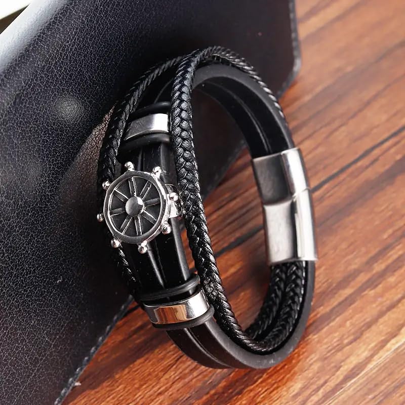 Image of THE MEN THING Leather Bracelet for Men - American Style Genuine Leather Multi-Layer Braided Bracelet with 100% Stainless Steel Magnetic Buckle for Men & Boys (8 inch)