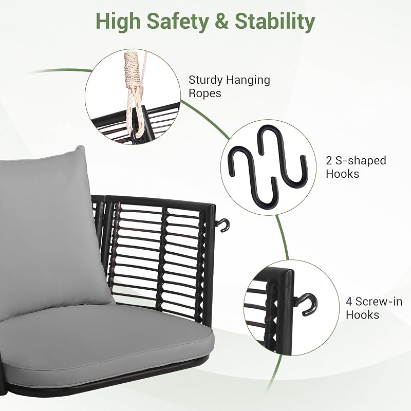 Tangkula Outdoor Hanging Porch Swing with Cushions, Single Person, Grey image 7