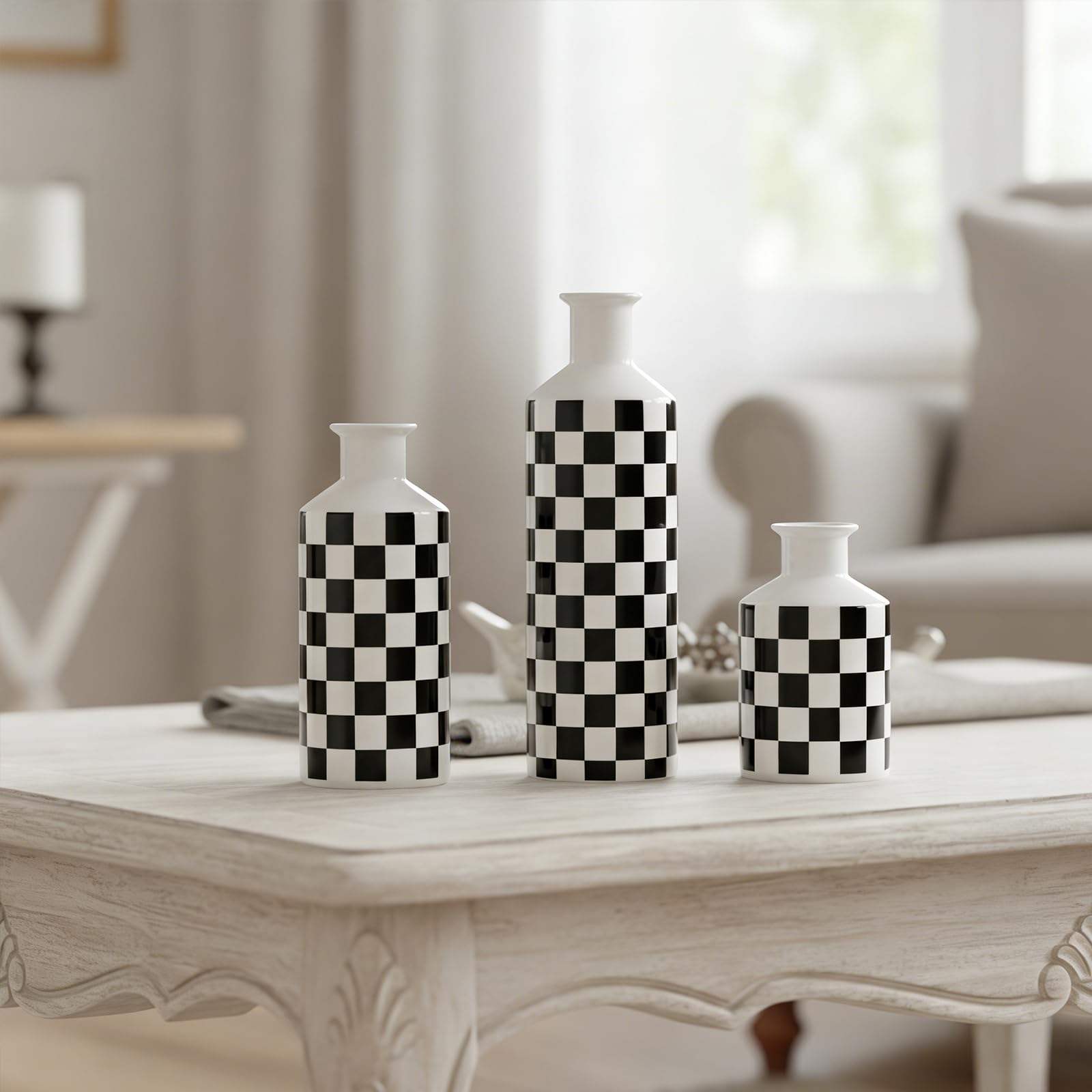 Keramik-Vasen-Set im Schachbrettmuster, 3-teilig, schwarz-weiße Porzellanvasen in verschiedenen Höhen, Moderne, minimalistische Wohndekoration für Wohnzimmer, Regal und Tisch (Schwarz)