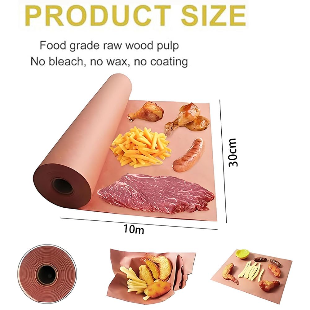 Metzgerpapier Pink, Butcher Paper BBQ Kraftpapier Rolle Food Grade Kraft Paper für Grill, Fischfleisch,perfektes Kochen von saftigem- 30 cm x 10 m Rolle
