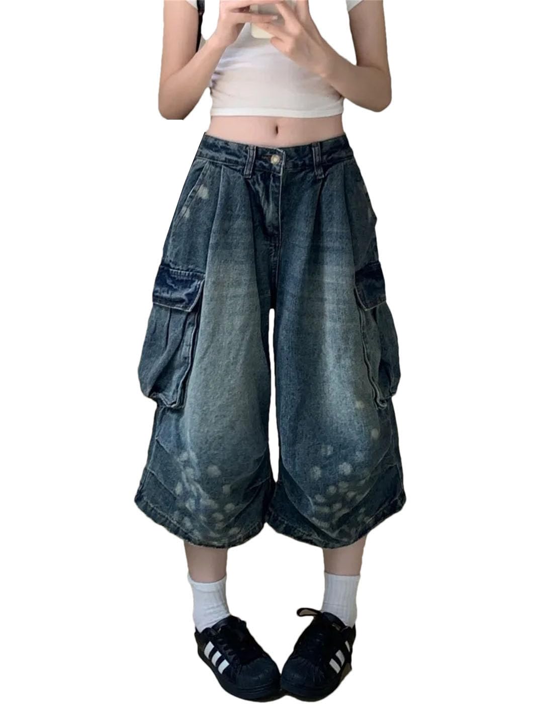 Damskie retro szerokie nogawki workowate spodenki dżinsowe Harajuku sprane luźne dżinsy z wysokim stanem, NIEBIESKI, S