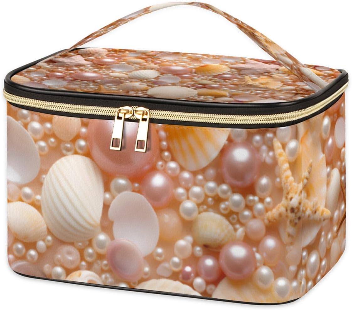 Leather Travel Makeup Bag Large Portable Cosmetic Organizer Bags for Women Cute Skincare Toiletry Case Big Makeup Brush Pouch Beautiful Pearl Shell Background