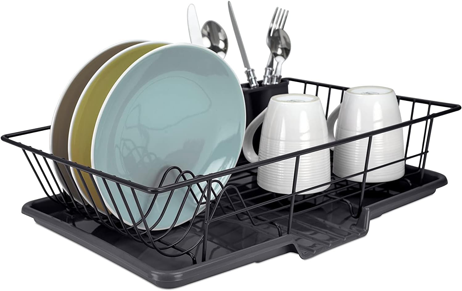 JOEY'Z Extra Large Black 3 Piece Dish Rack Sink Set with Removable Drainboard & Utensil Holder - Heavy Duty Coated Wire - 19" x 12" x 5"