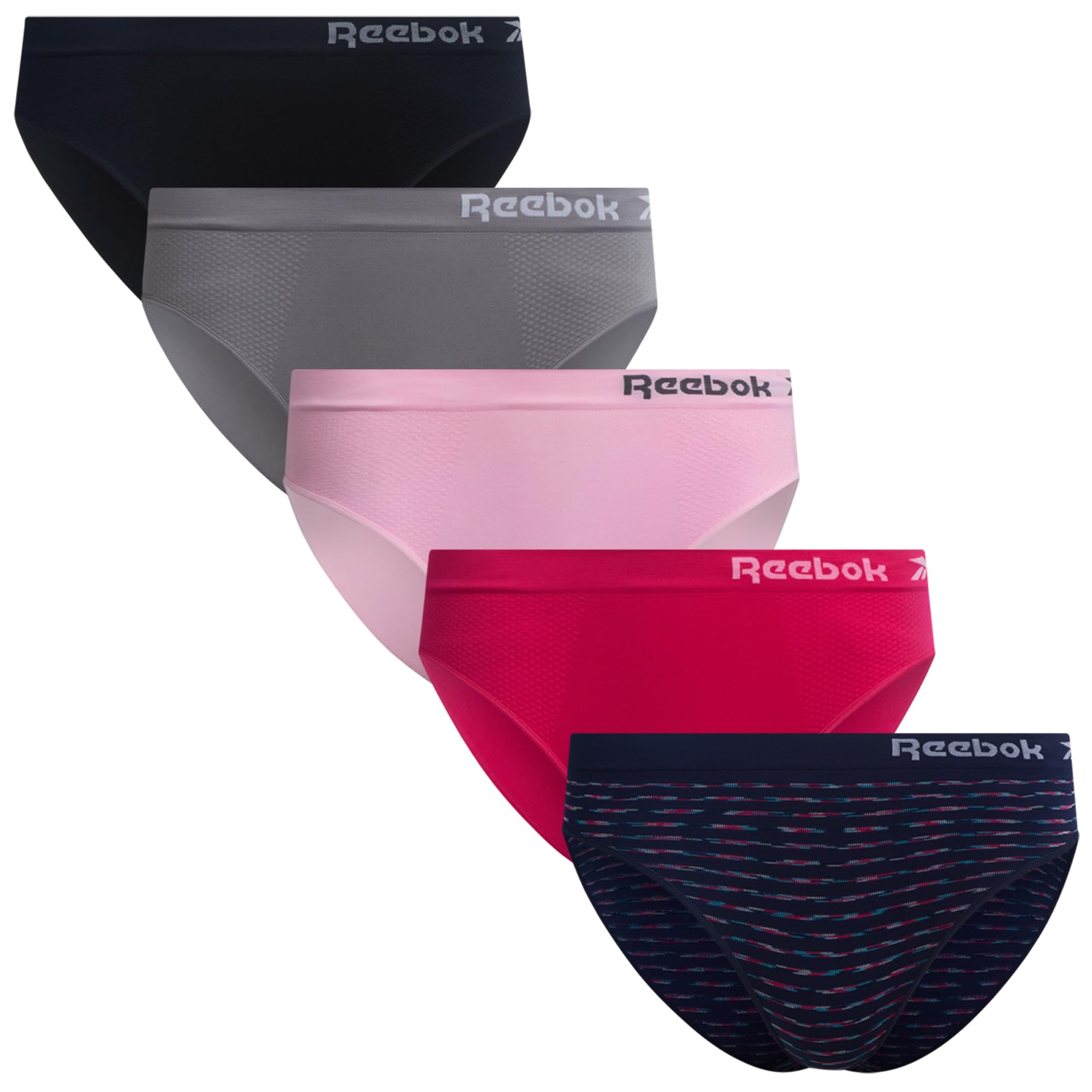 Reebok Womens Bikini Underwear 5 Pack Soft Stretch Seamless Underwear | Next-Level Softness from Breathable Nylon Spandex, Flattering Low-Rise Silhouette Flatters Natural Curves