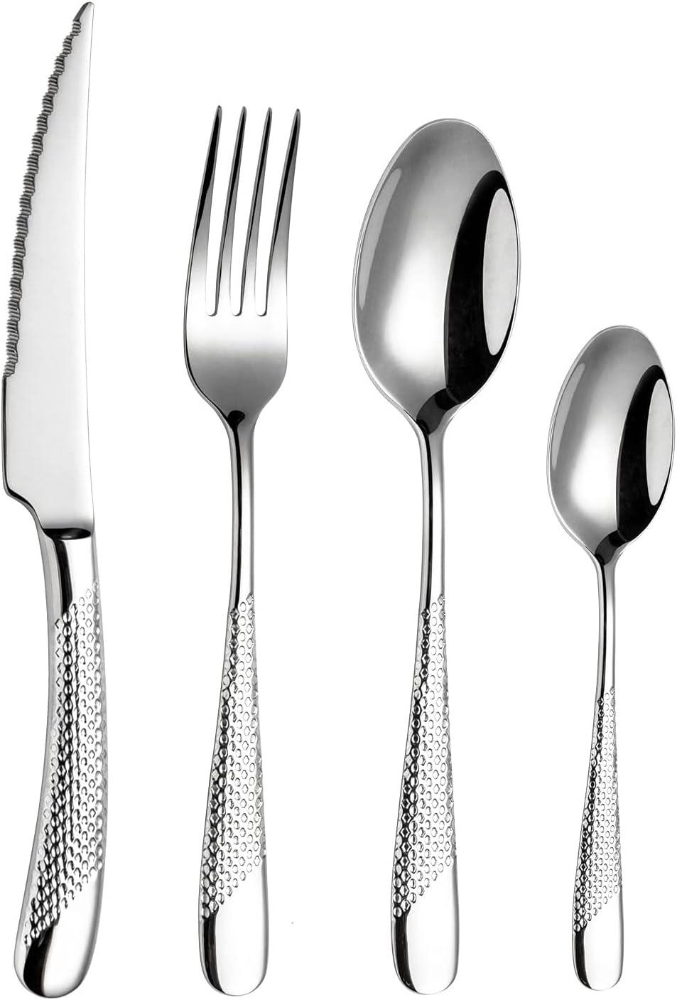 4 Piece Hammered Silverware Set 18/10 Stainless Steel Flatware Set Service for 1 Mirror Polished Cutlery Sets with Spoon Knife Fork for Home Kitchen Restaurant Wedding Party (Silver)
