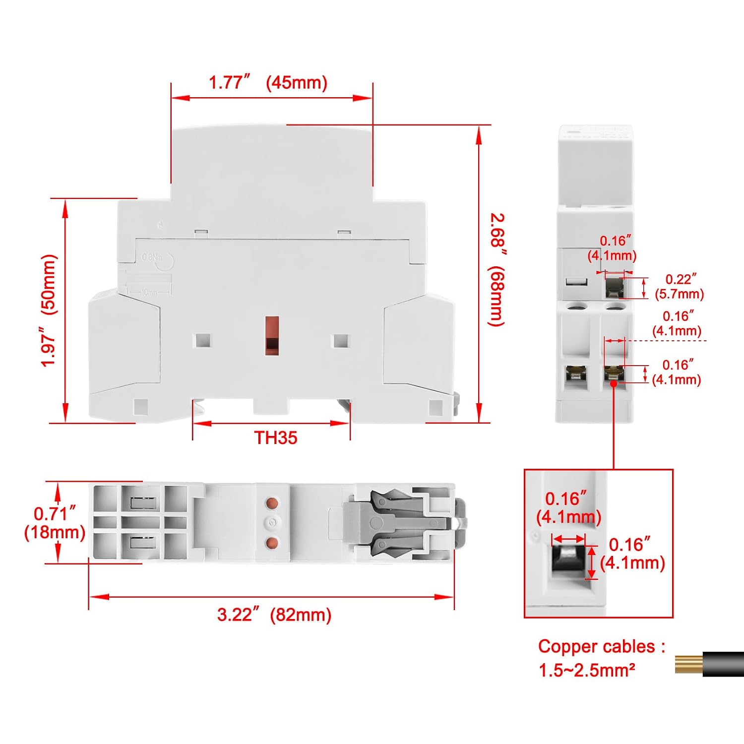 Heschen Household AC Contactor, CT1-25, 2 Pole, Two Normally Open, DC 24V Coil Voltage, 35mm DIN Rail Mount, White, Solenoid Actuator, Automatic Operation