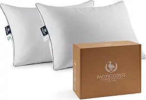 Pacific Coast Goose Feather and Down Bed Pillows Standard Size Set of 2, Hotel Pillow for Sleeping, Downproof, Soft, Fluffy, 100% Cotton Shell